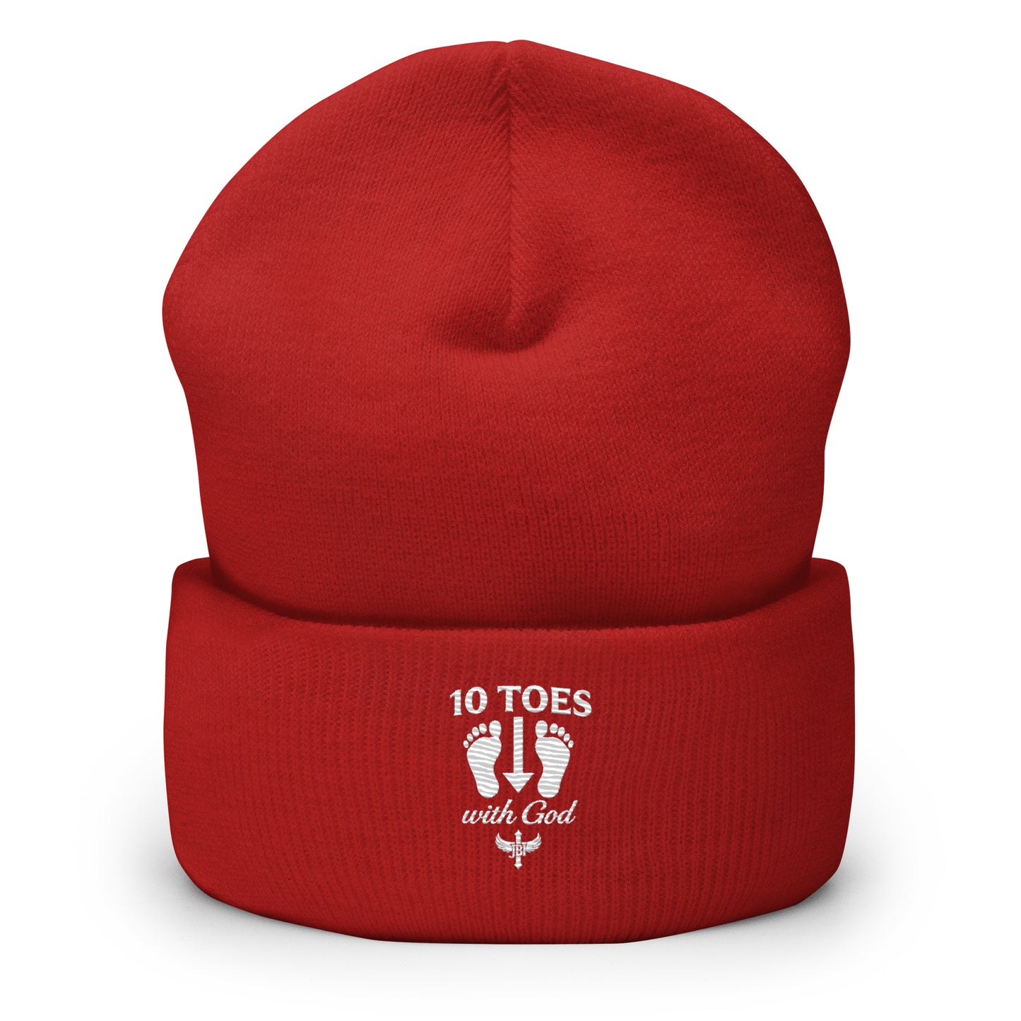 Red cuffed knit beanie with 10 Toes Down embroidery front view
