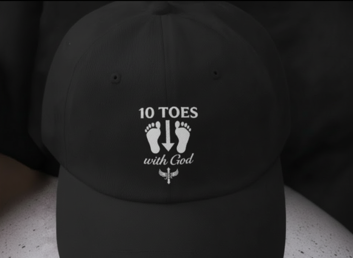 Black 10 Toes Down dad hat displayed on clothing.