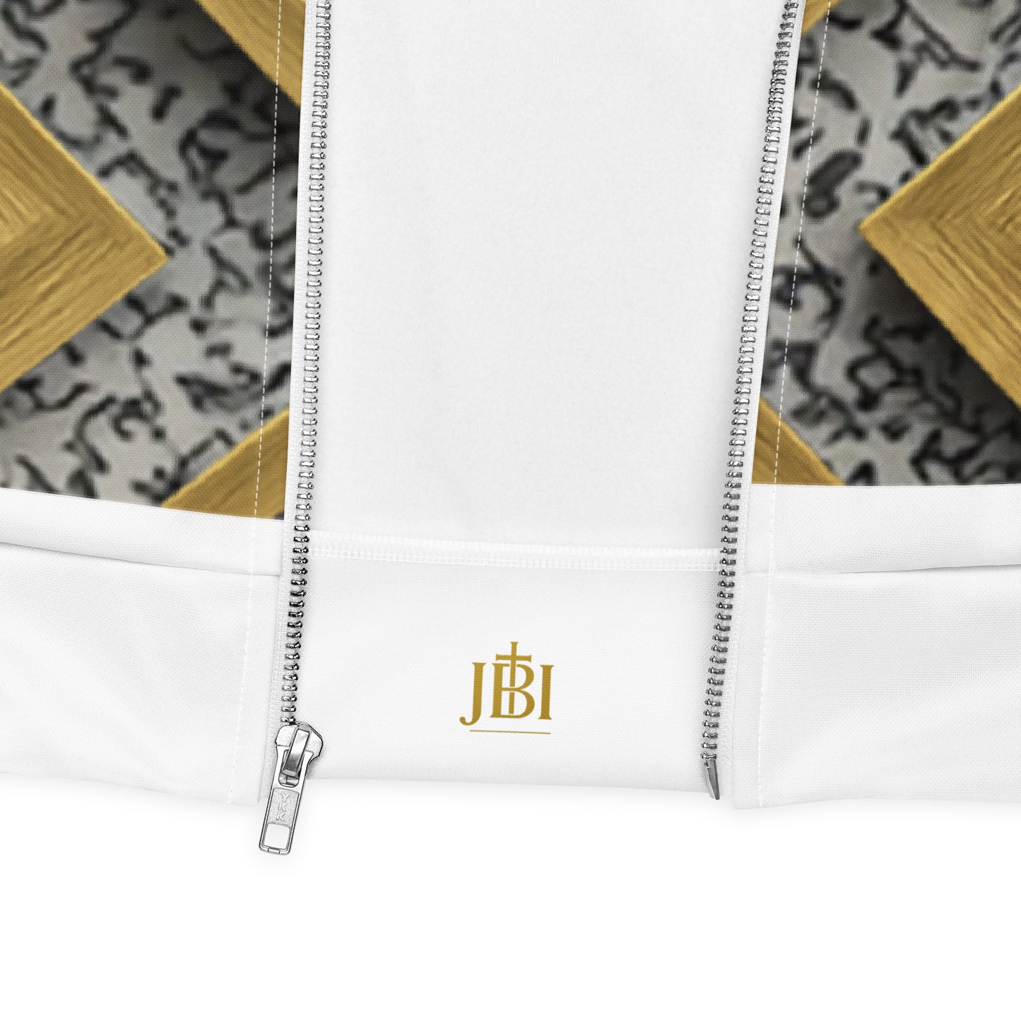 Cross Luxe Cross Bomber Jacket zipper and hem detail with JBI branding view