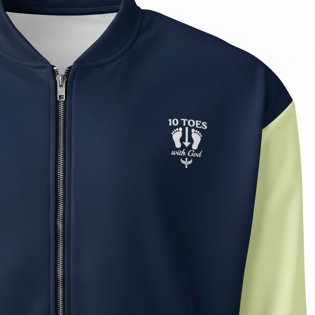 “Close-up of the God’s Disciple bomber jacket logo, zipper, and two-tone sleeve design.”