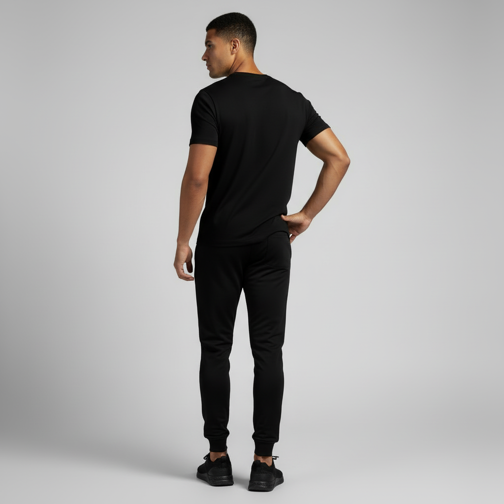 "Backview of black JBI Wings Signature Joggers showing tapered fit and minimalist crest detail.”