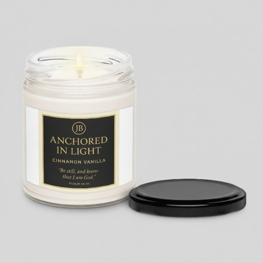 Anchored in Light scented candle with open lid and creamy wax