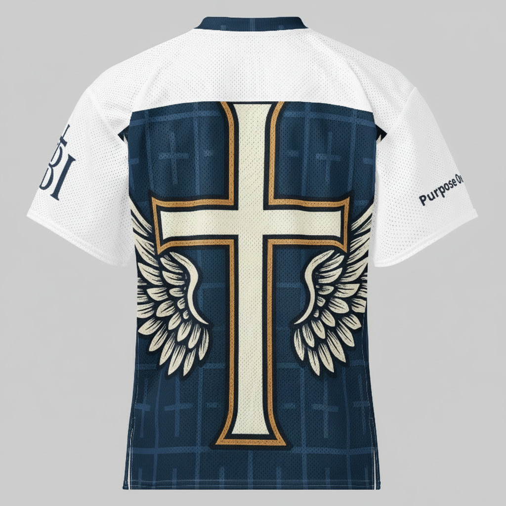 Navy and white Christian jersey with bold gold cross design and inspirational sleeve text.