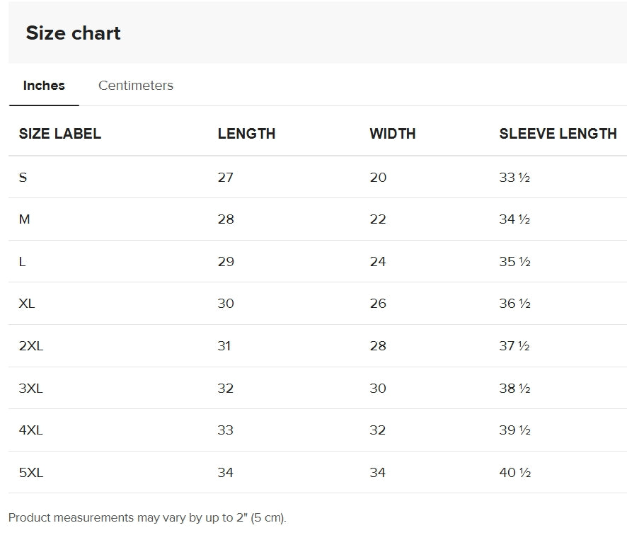 Hoodie size chart image