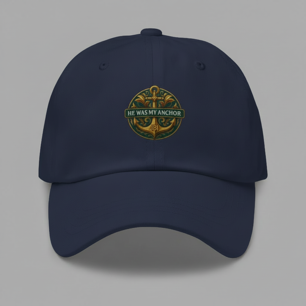Navy dad hat with green and gold "Protected by Grace" emblem.