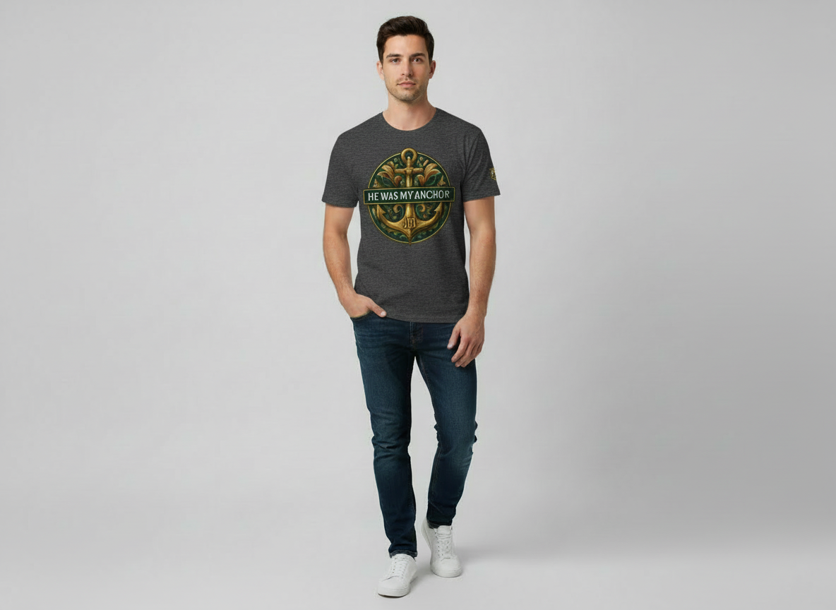 He Was My Anchor Christian streetwear tee shown on model.