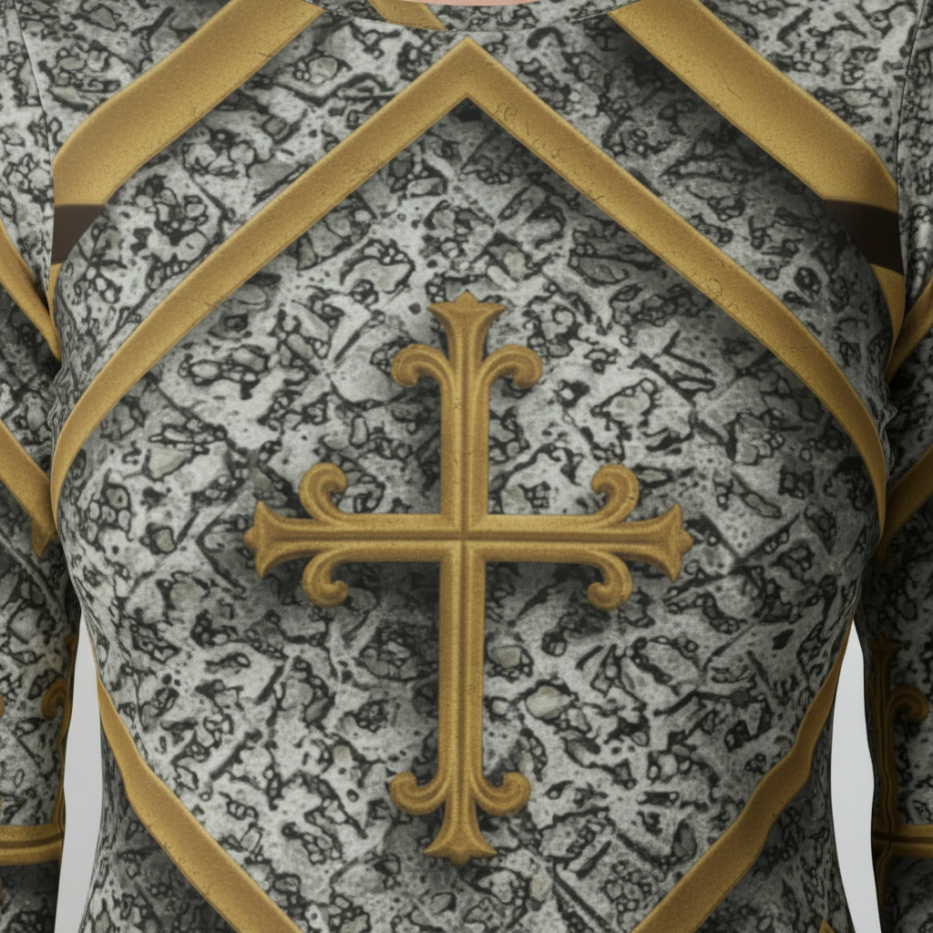 “Close-up of the gold cross detailing and patterned bodice on the Kingdom Cross Couture Dress.”