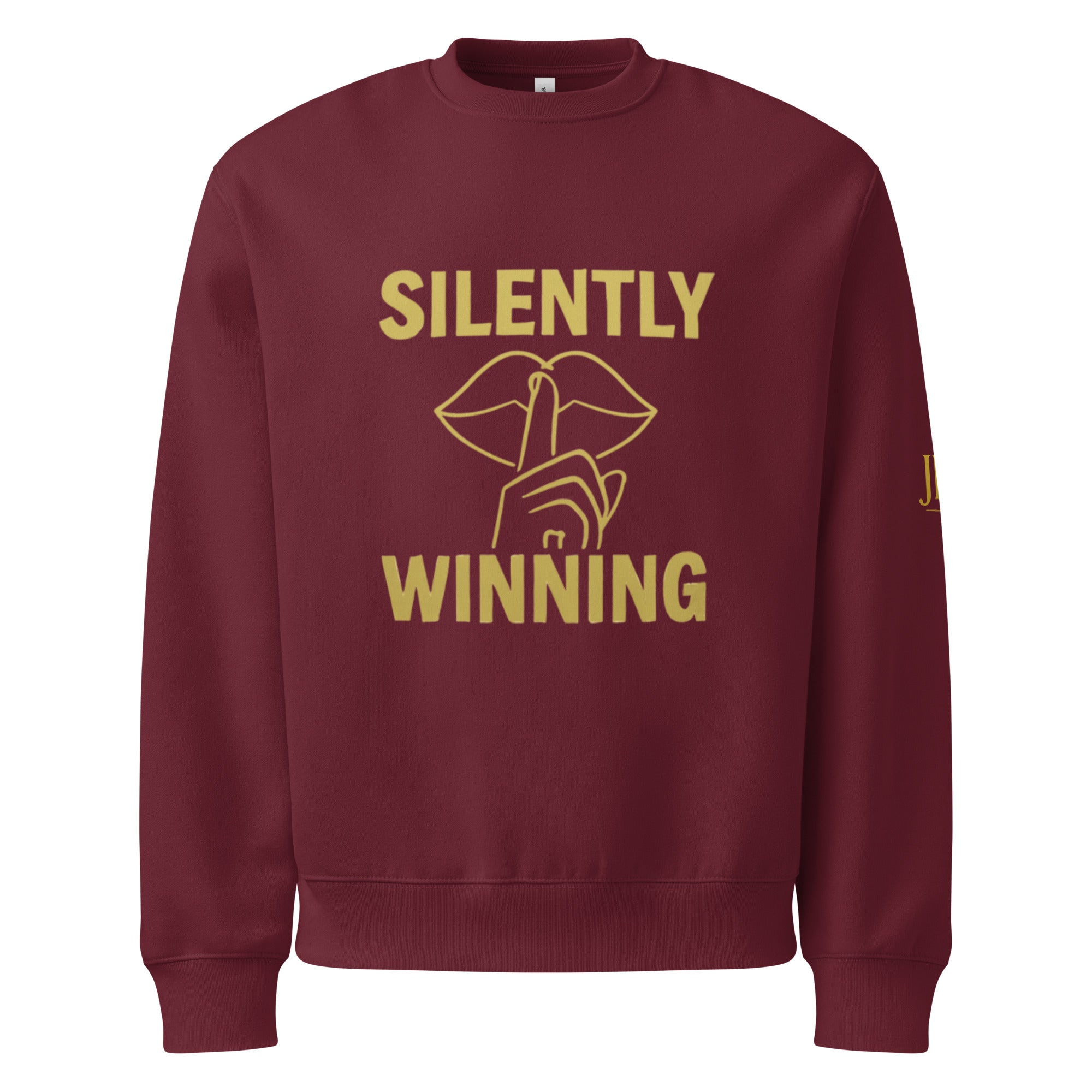 Maroon Silently Winning crewneck sweatshirt with striking gold lettering. Exclusive unisex Christian crewneck representing quiet strength.