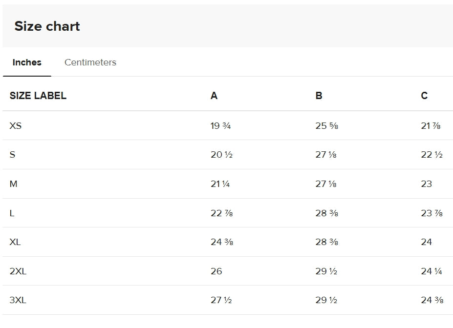 Size chart for clothing measurements in inches and centimeters