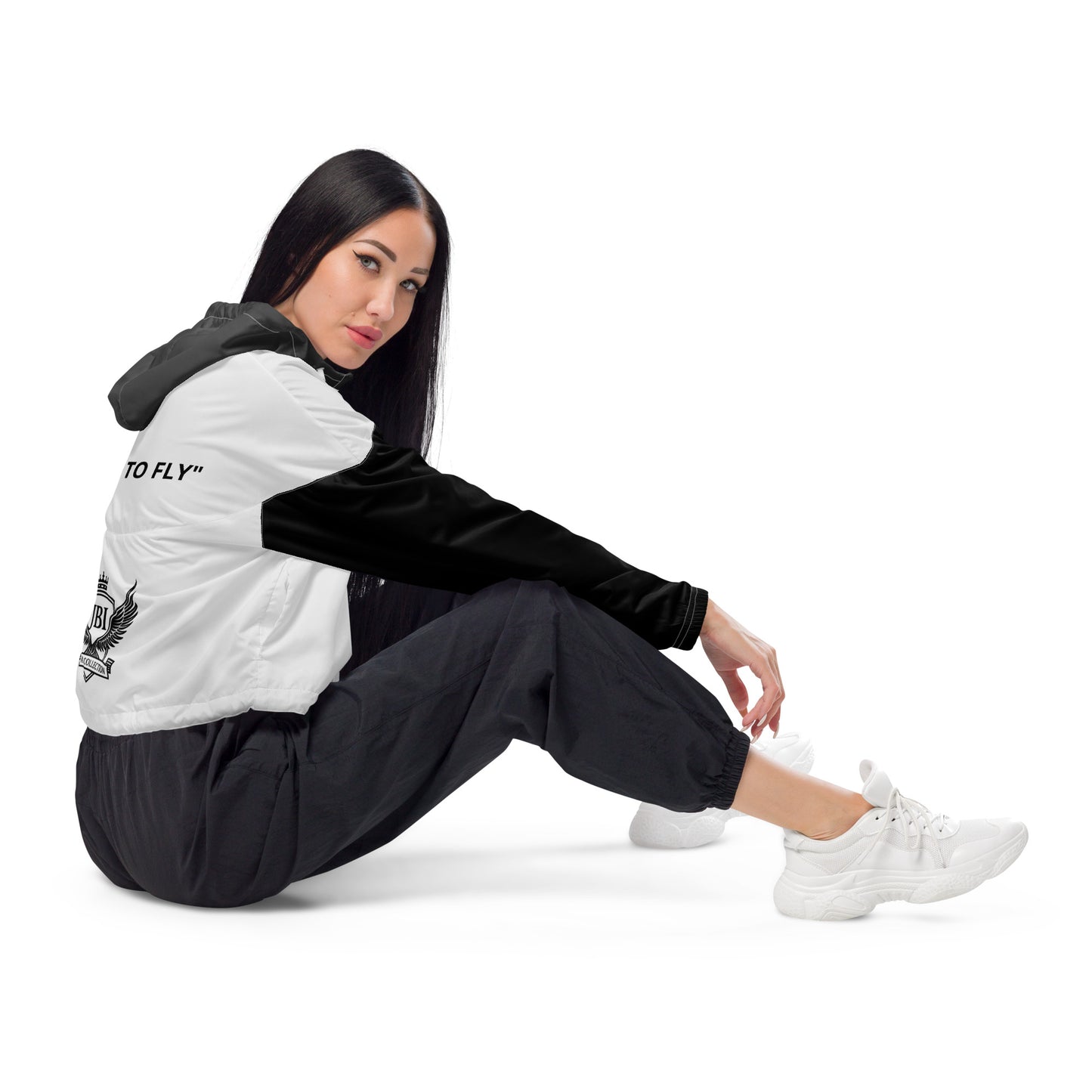 JBI Wing cropped windbreaker black and white worn by model