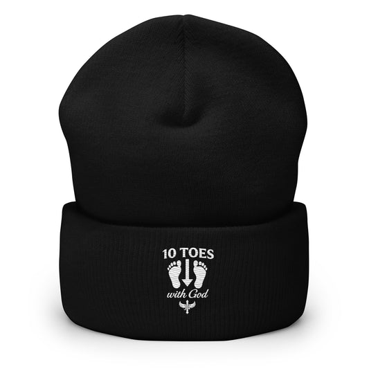 Black 10 Toes Down beanie with embroidered front design front design