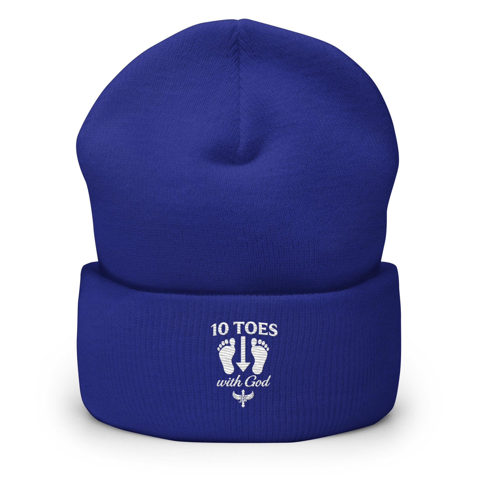 Blue unisex beanie featuring embroidered front graphic