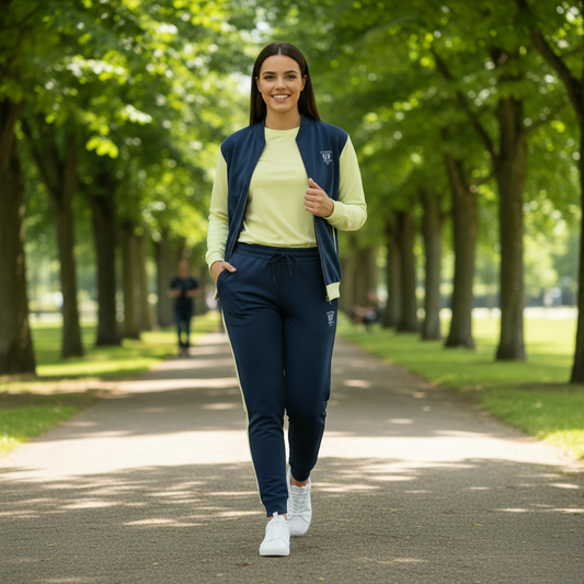 Woman wearing the God’s Disciple navy bomber jacket walking confidently outdoors.”