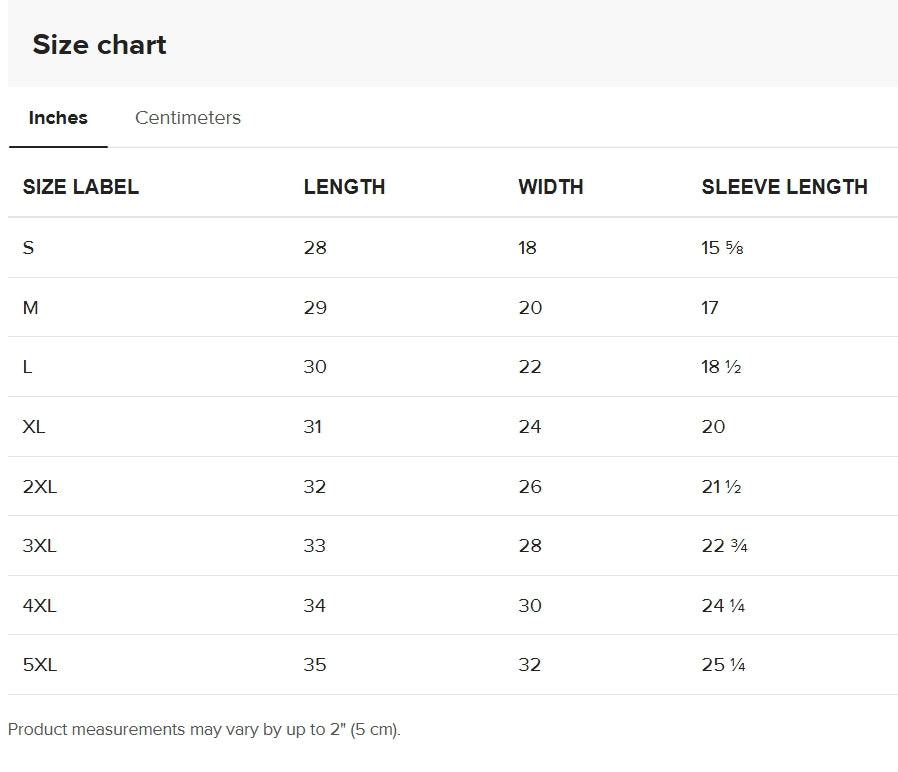 “Size chart for 10 Toes Down With God unisex t-shirt listing measurements for all sizes.”