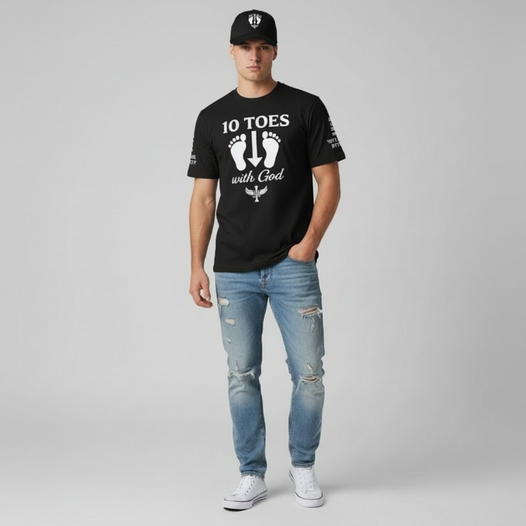 Model wearing black 10 Toes Down tee with jeans and hat.