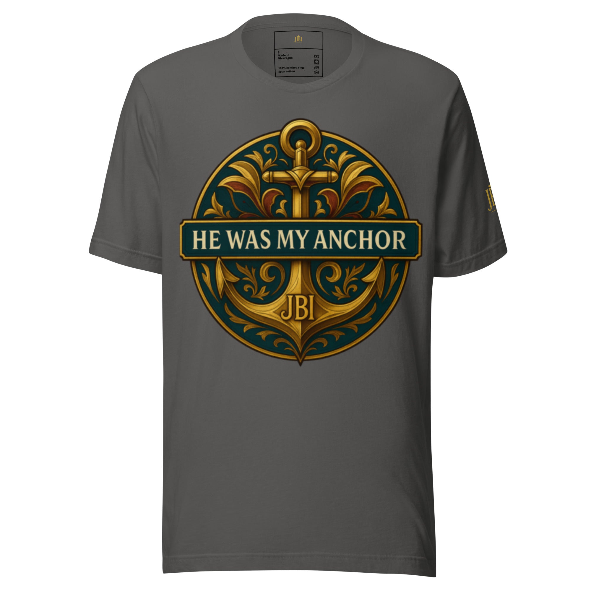"Asphalt gray He Was My Anchor unisex t-shirt with striking gold and green anchor print. Premium faith-based apparel representing strength and testimony."