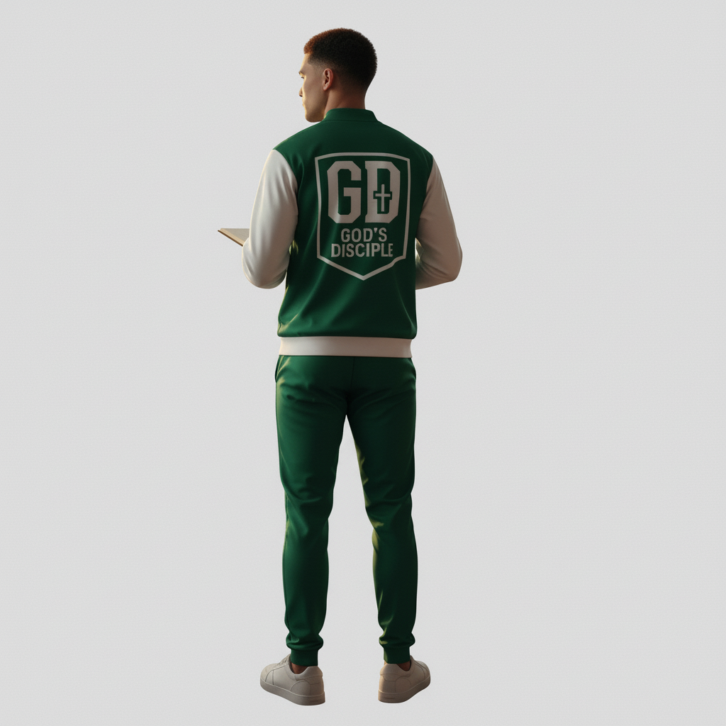 "Model wearing God's Disciple Green Bomber Jacket with GD logo, paired with matching green joggers, standing and holding a notebook in a sophisticated, purpose-driven setting."