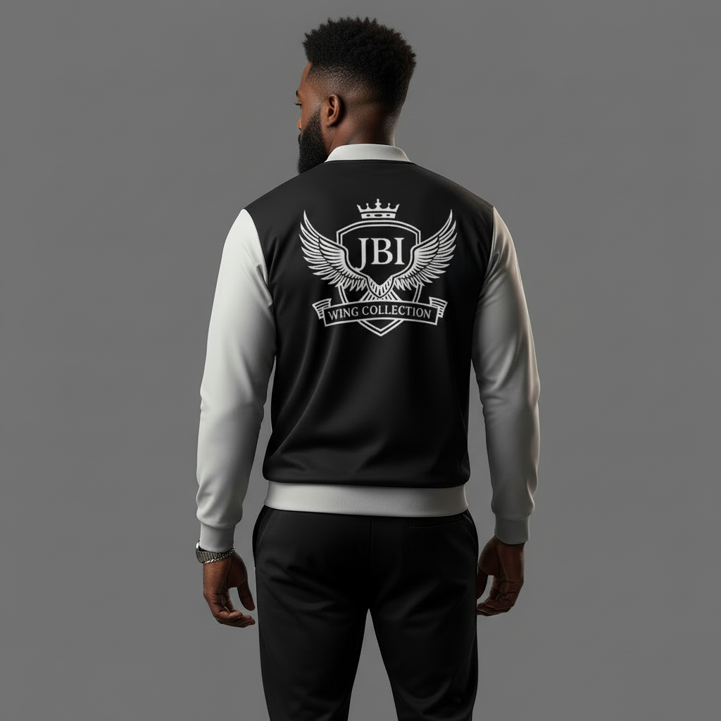 “Back view of the JBI Wings Bomber Jacket featuring the full wings crest across the back, black body with white sleeves, luxury unisex streetwear design.”