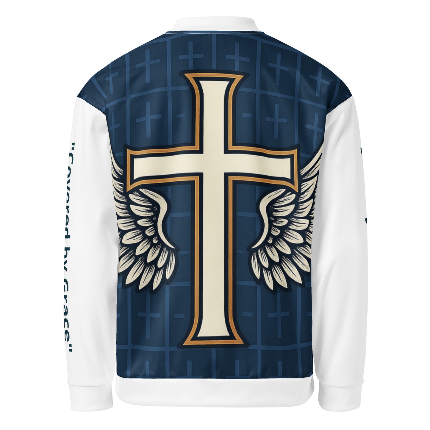 Back view of Divine Wings Bomber – Navy, with large cross and wings graphic