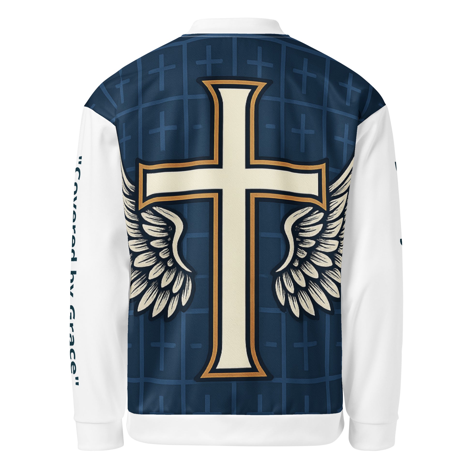 Back view of Divine Wings Bomber – Navy, with large cross and wings graphic