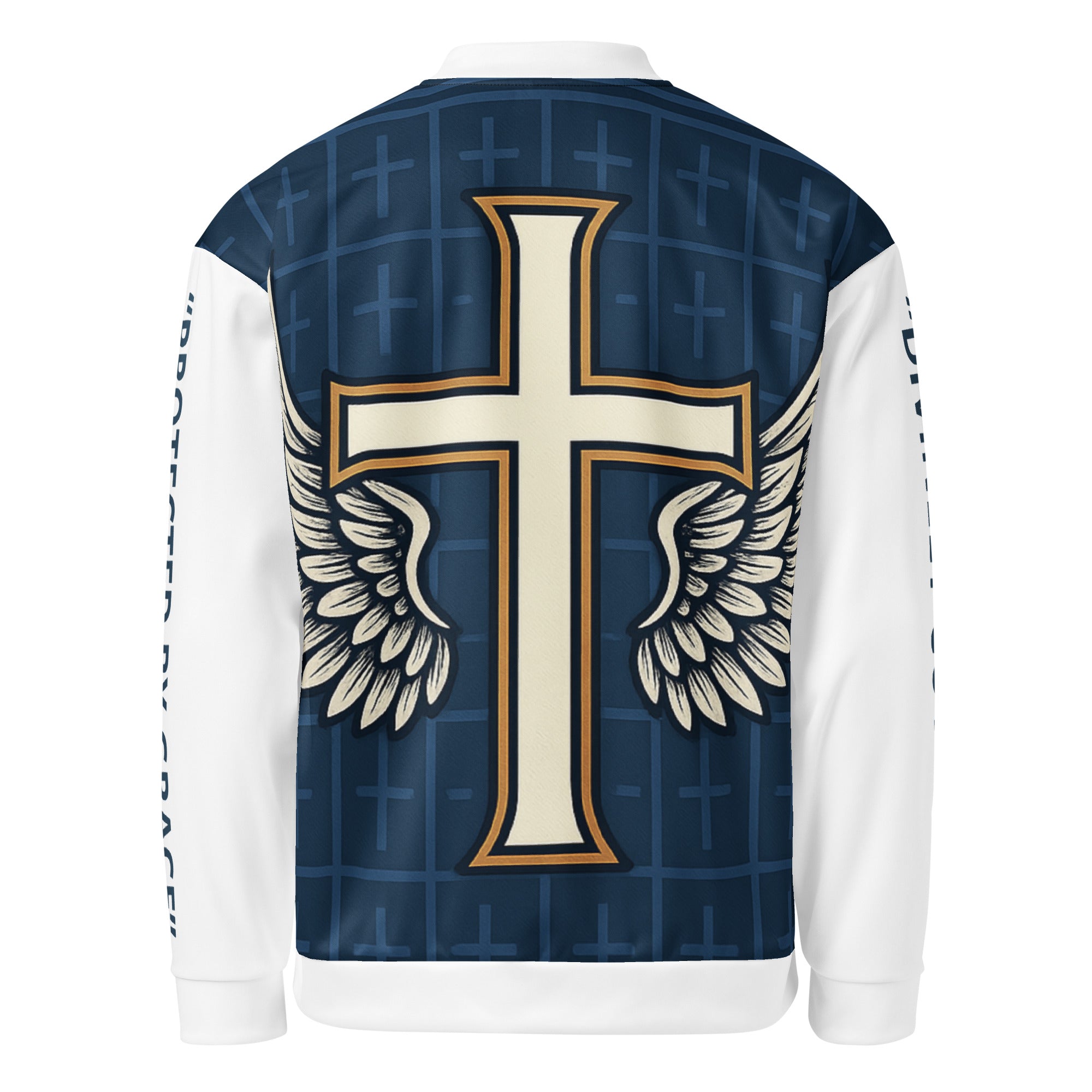 “Back view Luxury bomber jacket featuring a gold-outlined cross with angel wings on a navy background, white sleeves with ‘Protected by Grace’ vertical text.”
