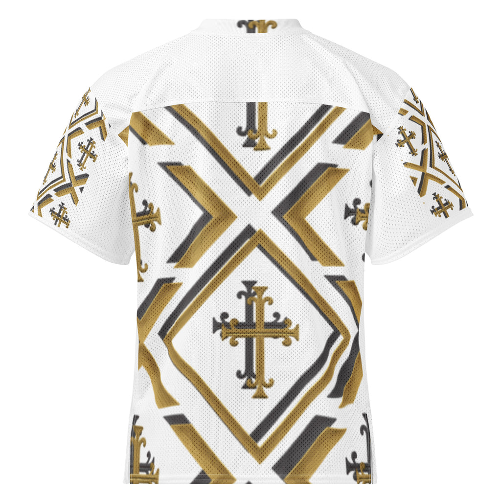 “Back view of Kingdom Luxe Cross Jersey showing detailed gold and black cross print on white fabric, premium Christian athletic wear.”