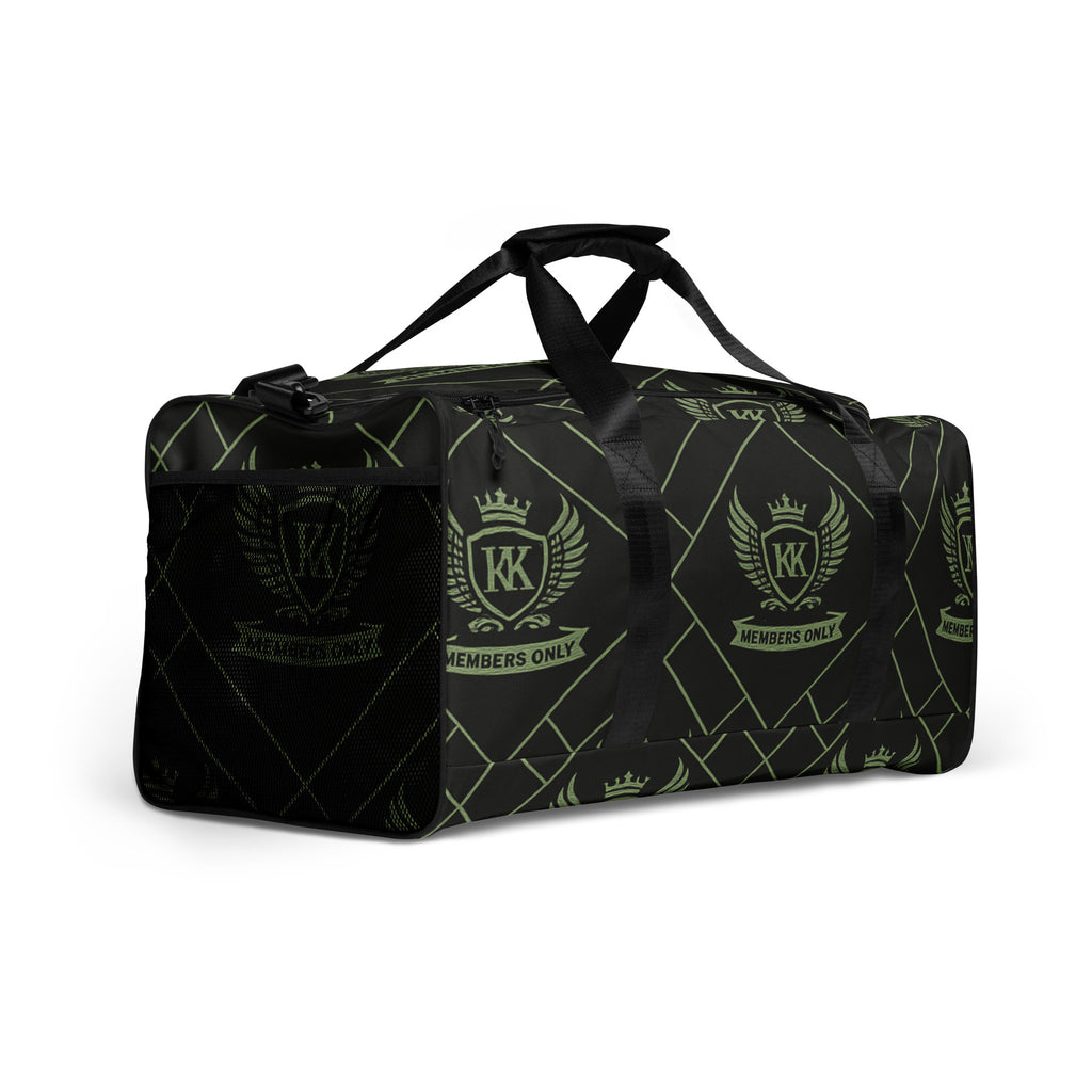 “Back view of black Kingdom Krew Members Only duffle bag showing crest pattern and grid design with reinforced straps.”
