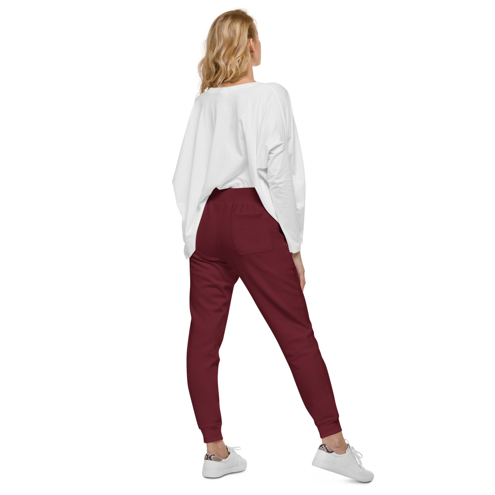 “Back view of maroon Gifted By God joggers with shield and cross logo embroidery, inspirational Christian joggers.”
