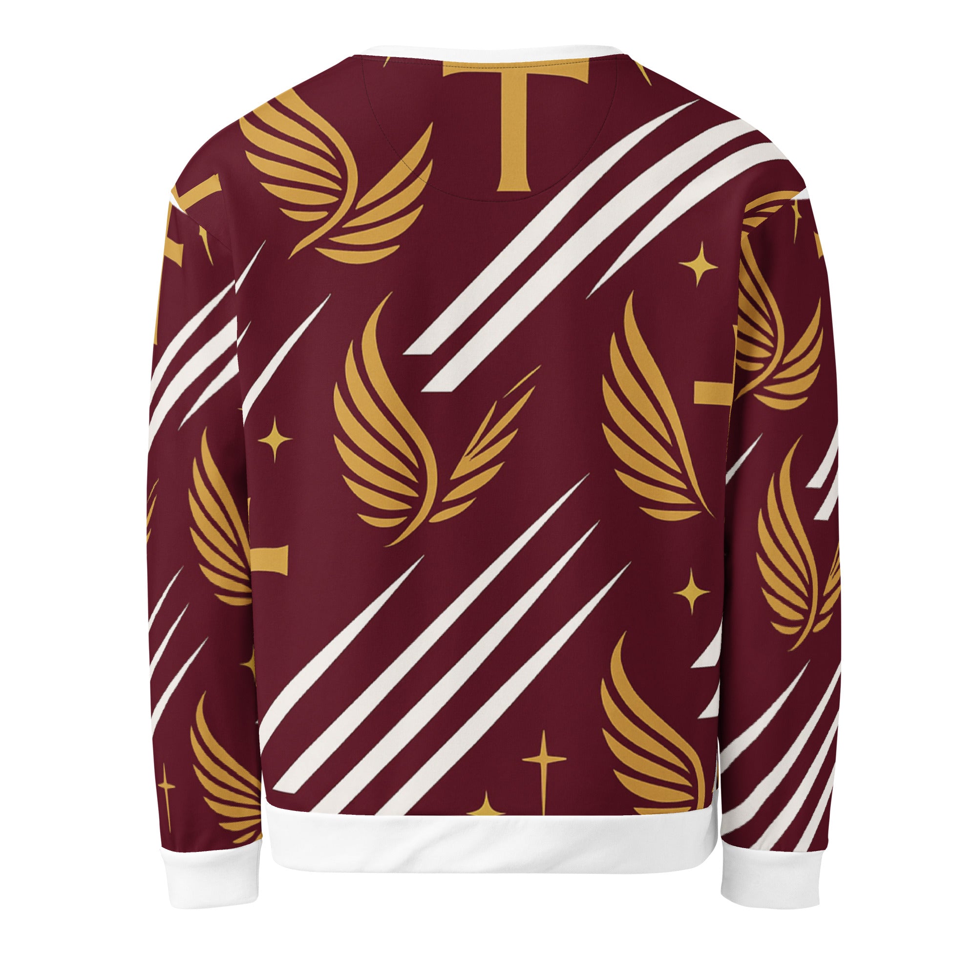 Back view of model wearing Royal Luxe Sweatshirt in maroon, premium faith-based apparel with sleek minimal detail., premium faith-based apparel with sleek minimal detail.