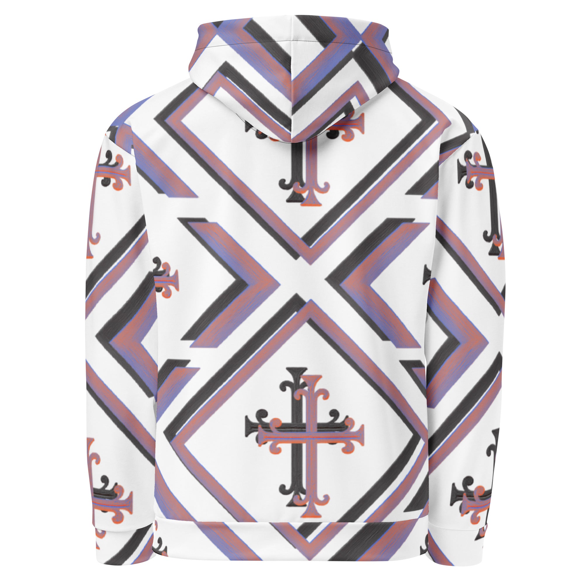 Back view of the Kingdom Luxe Cross Hoodie with full all-over cross pattern, luxury faith-based streetwear by JBI Apparel.”