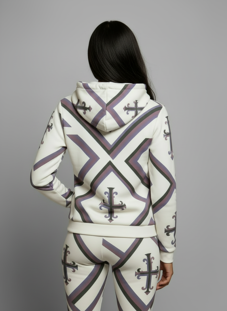 "Back view of the Kingdom Luxe Cross Hoodie, demonstrating the luxurious all-over cross design and premium cotton blend fabric."