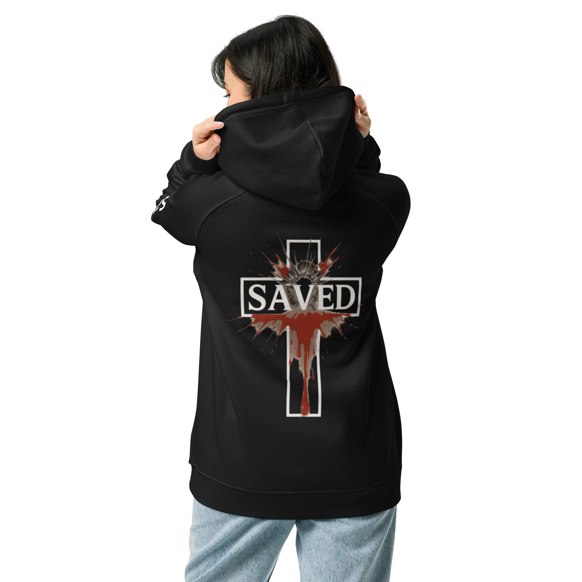 Back view of the Survived the Shot | SAVED Cross Hoodie, luxury unisex streetwear with bold faith-inspired testimony design.