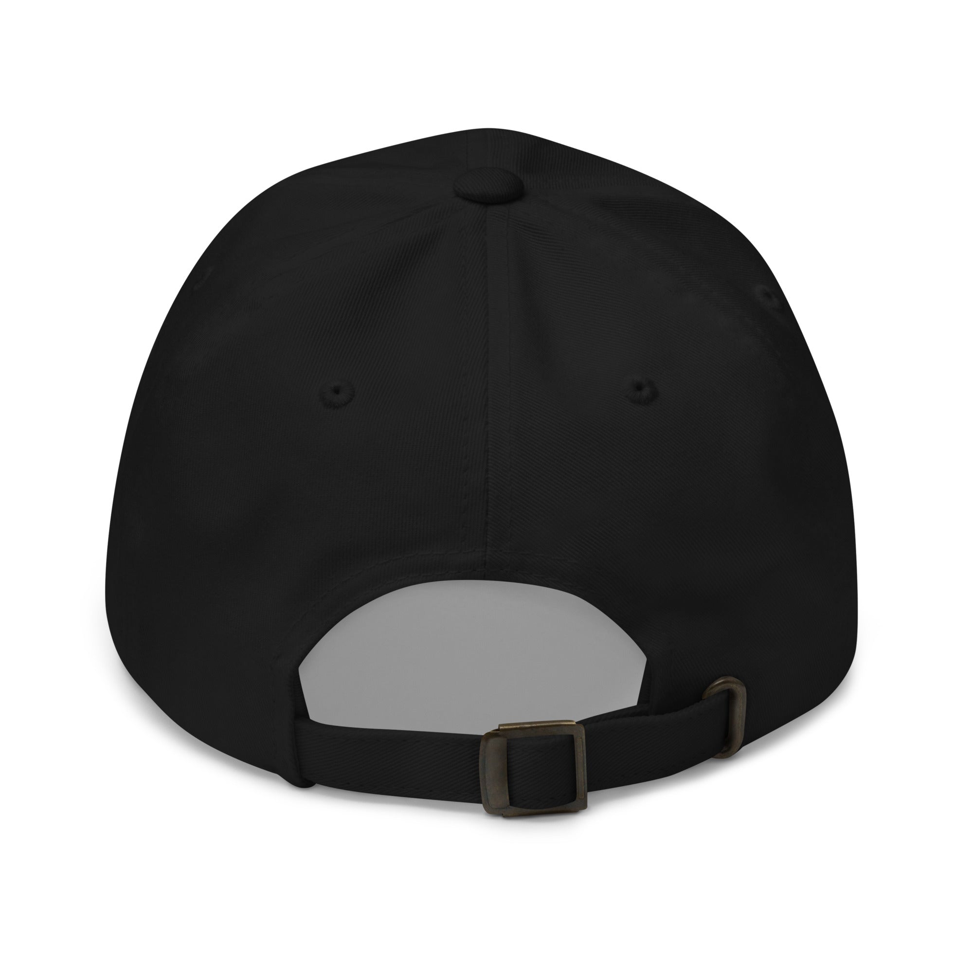 "Backview Black dad hat with printed Kingdom Krew logo, curved brim, and adjustable strap"