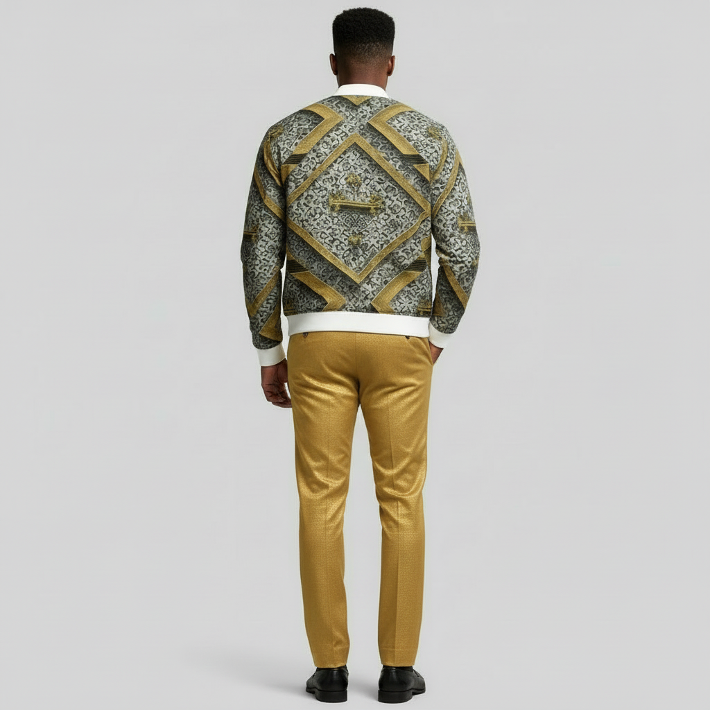  Backview "Man walking outdoors wearing a luxury gold and grey cross-pattern bomber jacket with matching gold pants, Kingdom Luxe by JBI Apparel.