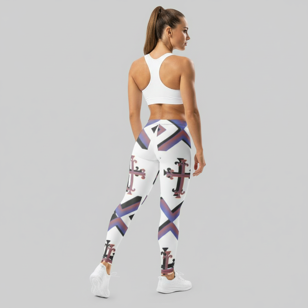 Backview "Model wearing Kingdom Luxe Cross leggings with an all-over geometric cross print in purple, black, and white. The leggings are paired with a white sports bra, showcasing a premium, sleek fit."
