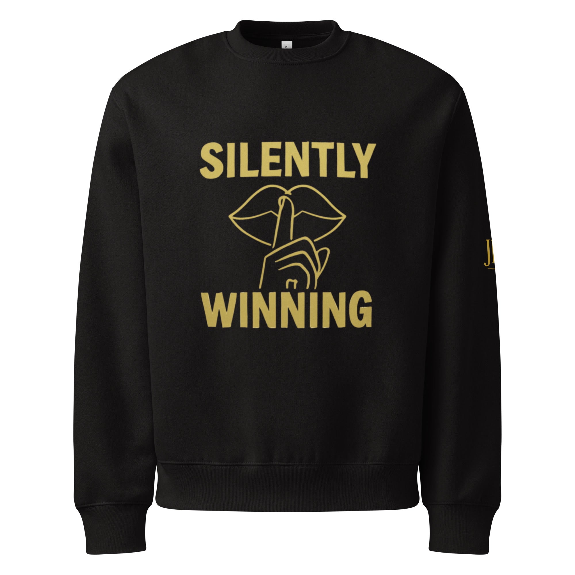 Black Silently Winning crewneck sweatshirt with bold gold lettering across chest. Premium unisex Christian apparel symbolizing faith and resilience.