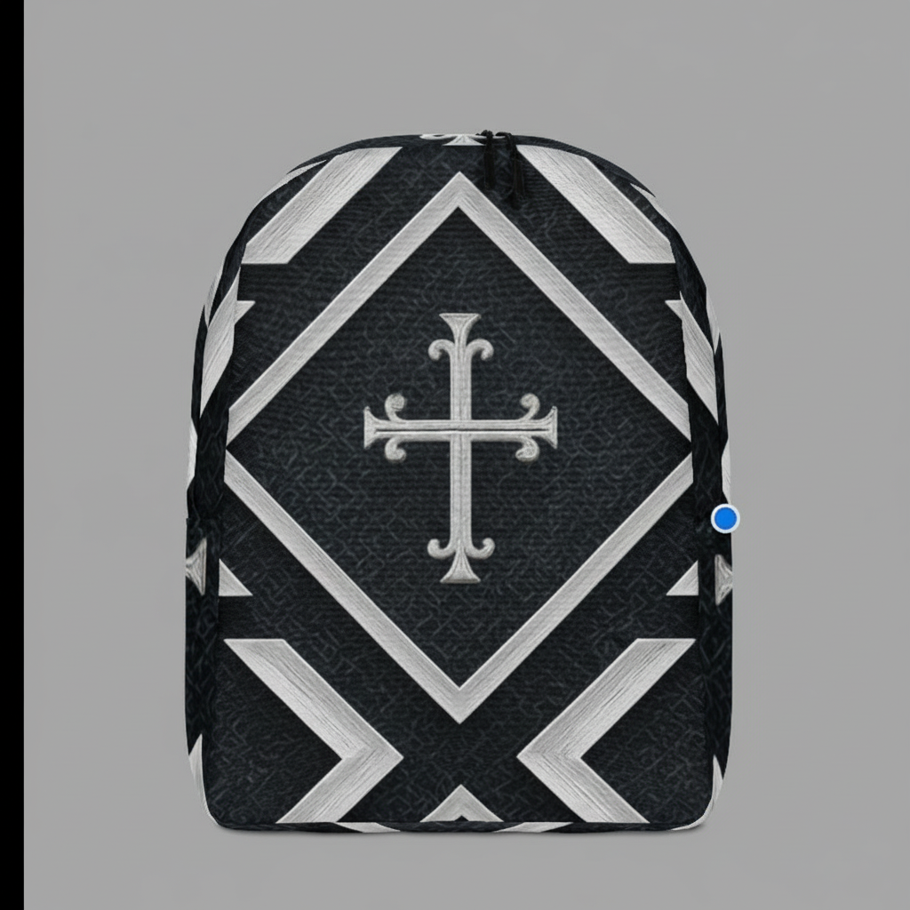 “Black and white Kingdom Luxe backpack featuring a bold geometric cross design on a grey background.”