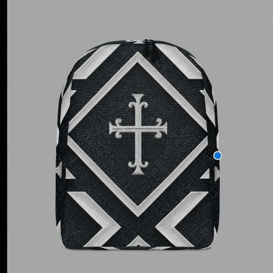 “Black and white Kingdom Luxe backpack featuring a bold geometric cross design on a grey background.”