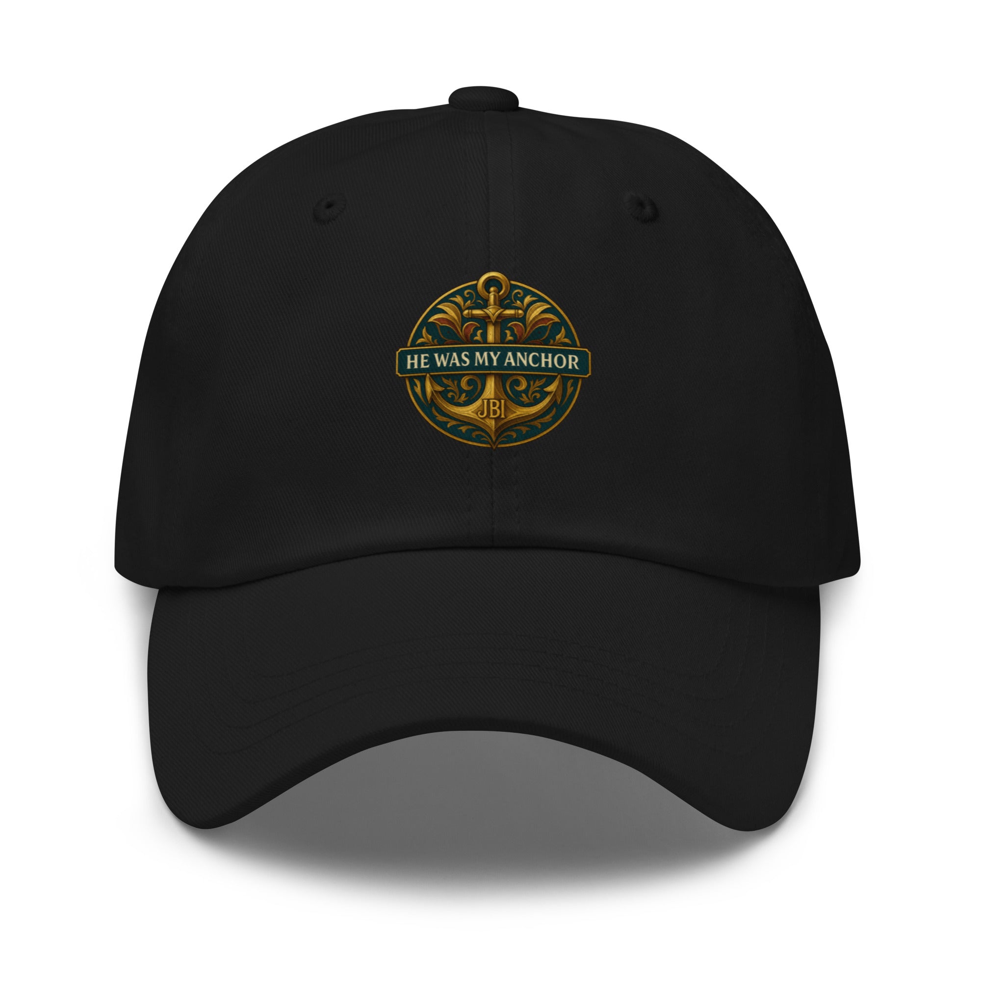 "Black baseball cap with gold He Was My Anchor emblem on the front."