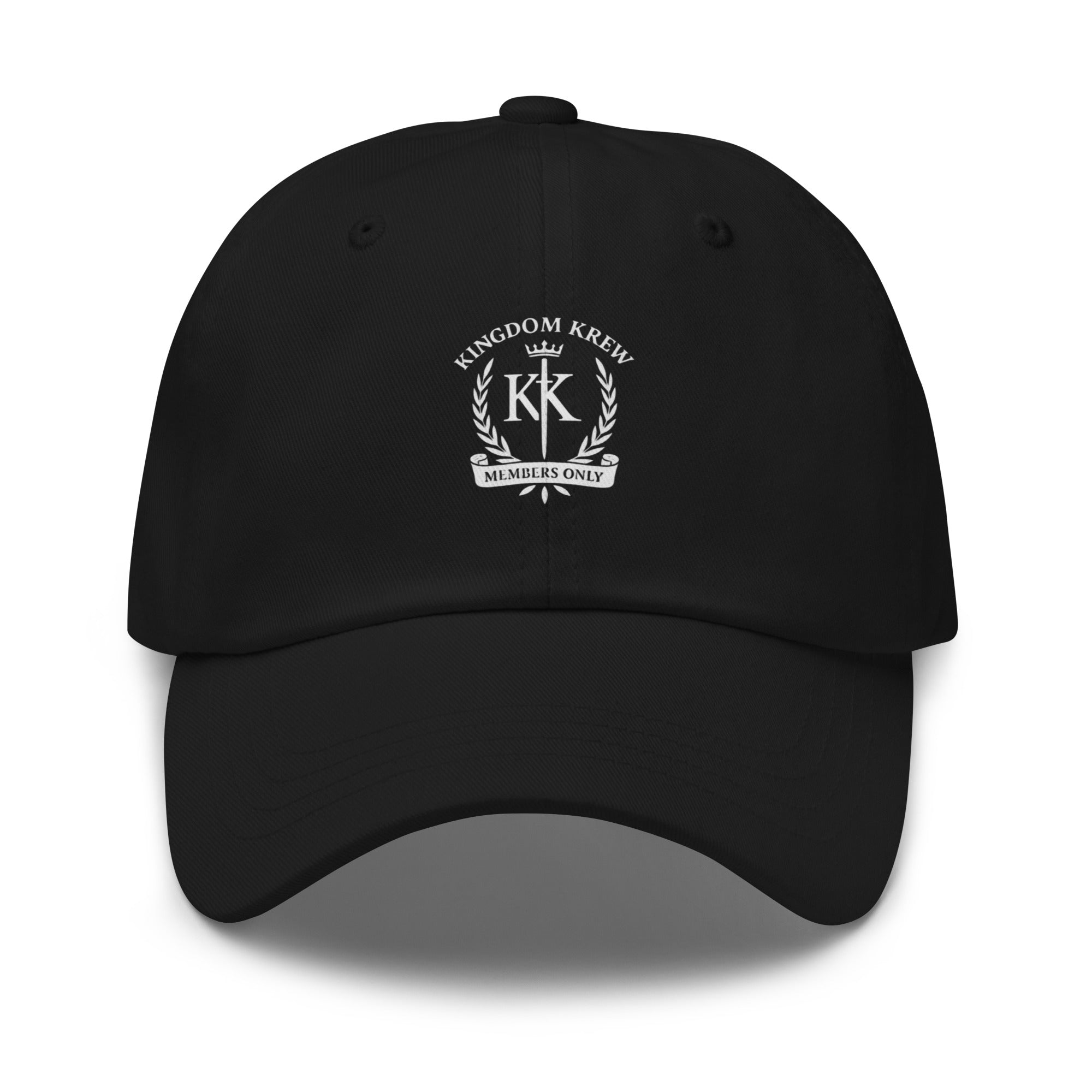 "Black dad hat with printed Kingdom Krew logo, curved brim, and adjustable strap"