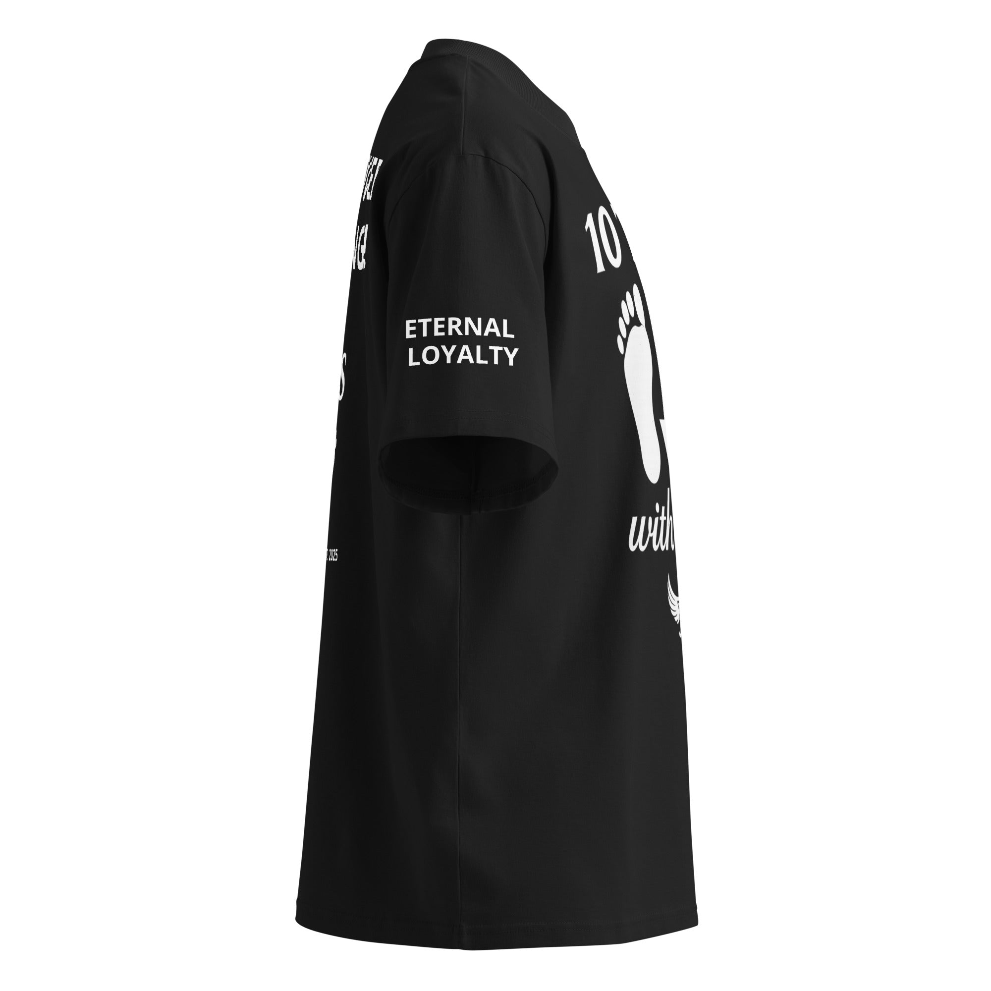 Black side view of black t-shirt displaying the 10 Toes Down with God emblem."