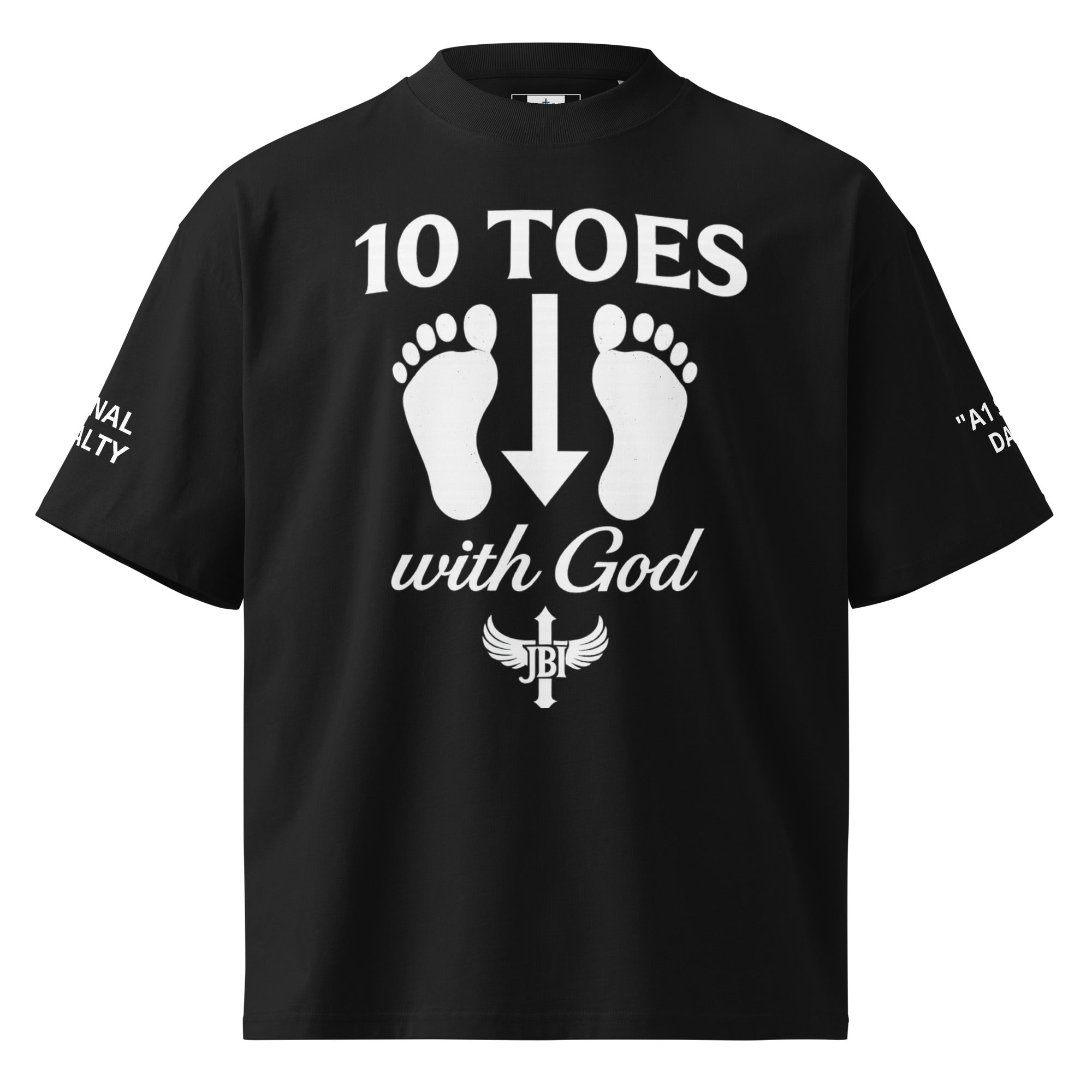 "Black t-shirt with white 10 Toes Down with God emblem featuring two feet and the words '10 Toes with God' above and below the feet."