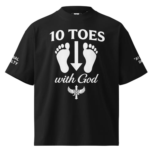 "Black t-shirt with white 10 Toes Down with God emblem featuring two feet and the words '10 Toes with God' above and below the feet."