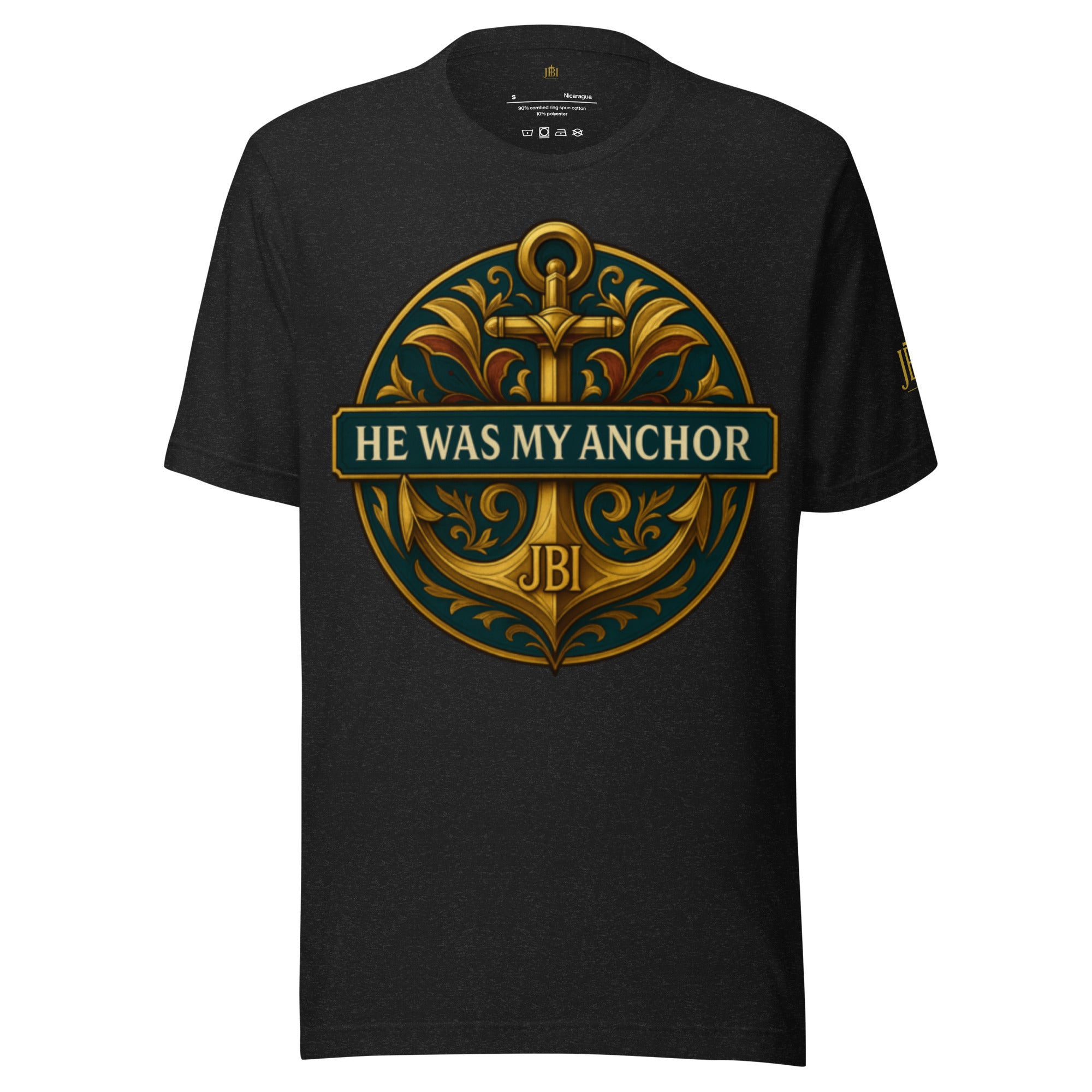 ““Black unisex tee with ‘He Was My Anchor’ gold anchor emblem, flat lay.”gold anchor emblem, flat lay.”