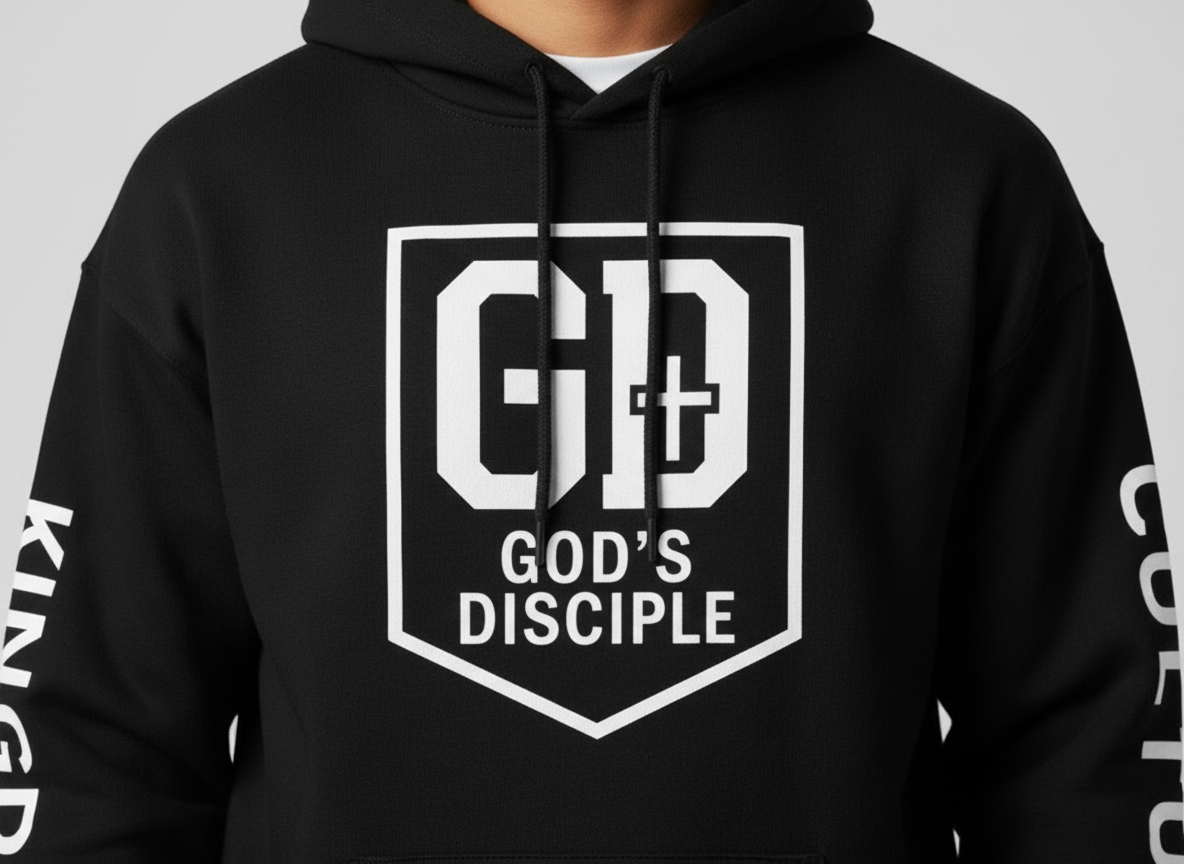 “Close-up of the God’s Disciple GD crest printed on black hoodie.”