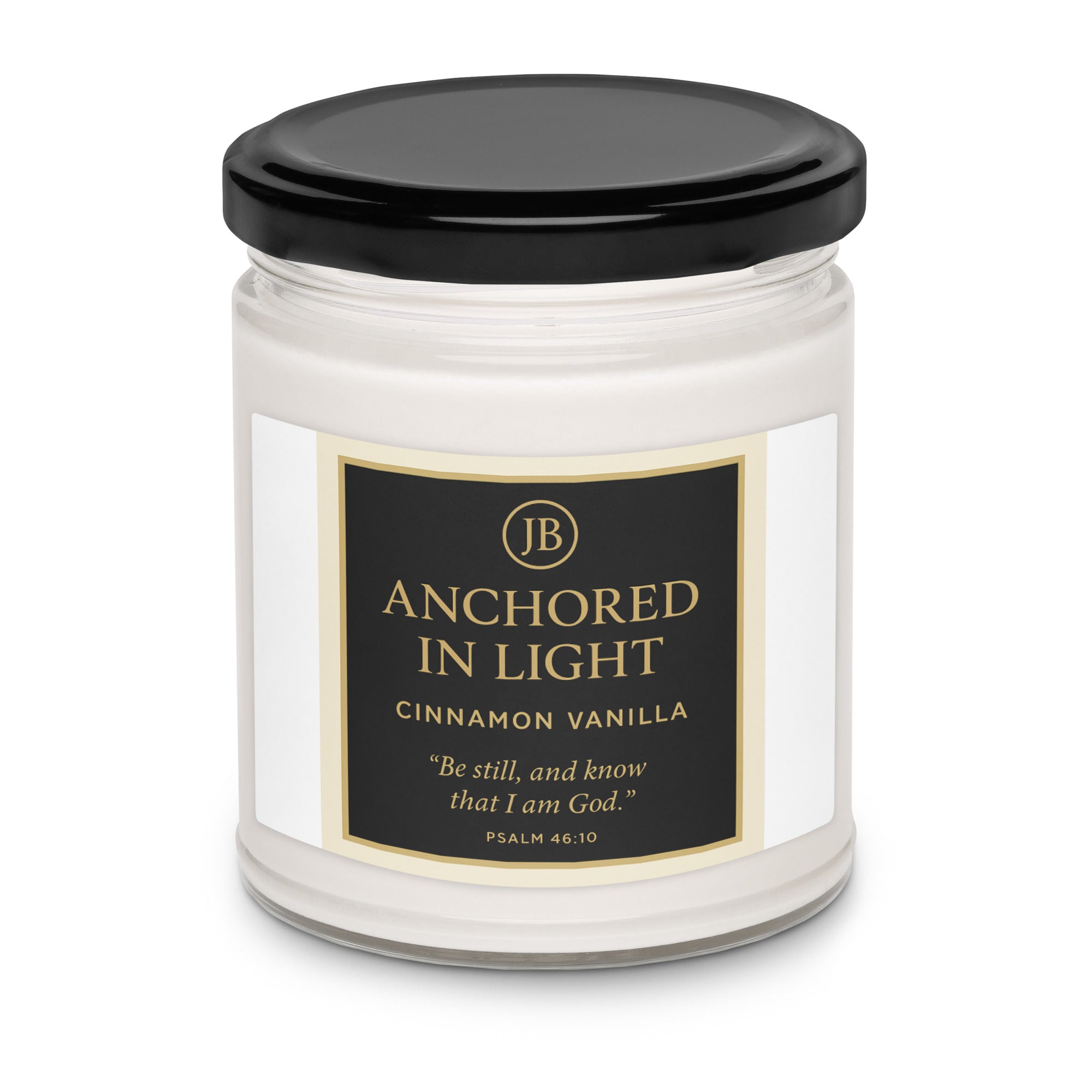 "Cinnamon Vanilla candle with black lid, featuring comforting cinnamon and vanilla fragrance, perfect for relaxation."