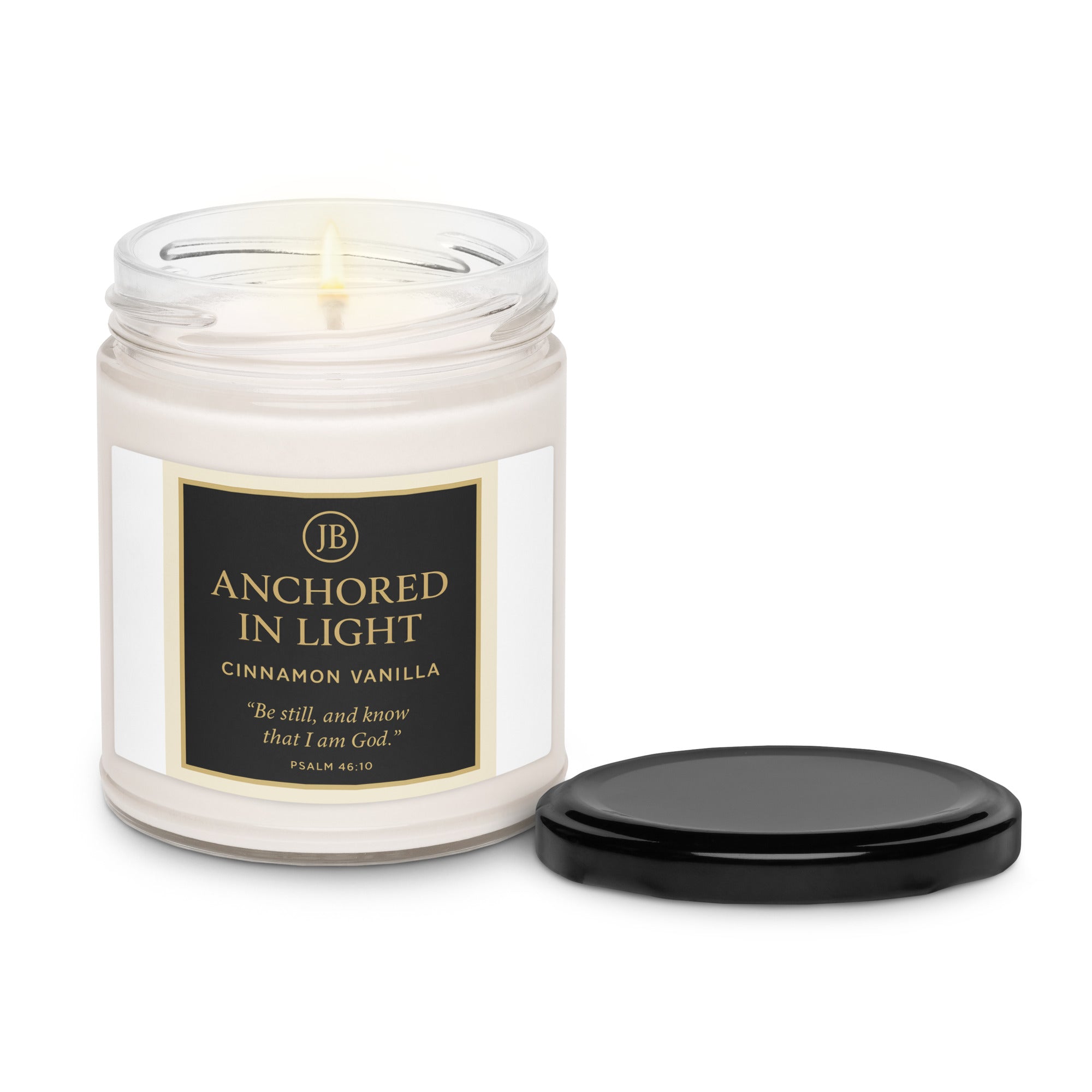 "Cinnamon Vanilla candle with black lid, a minimalist design featuring warm cinnamon and vanilla aroma for cozy spaces."