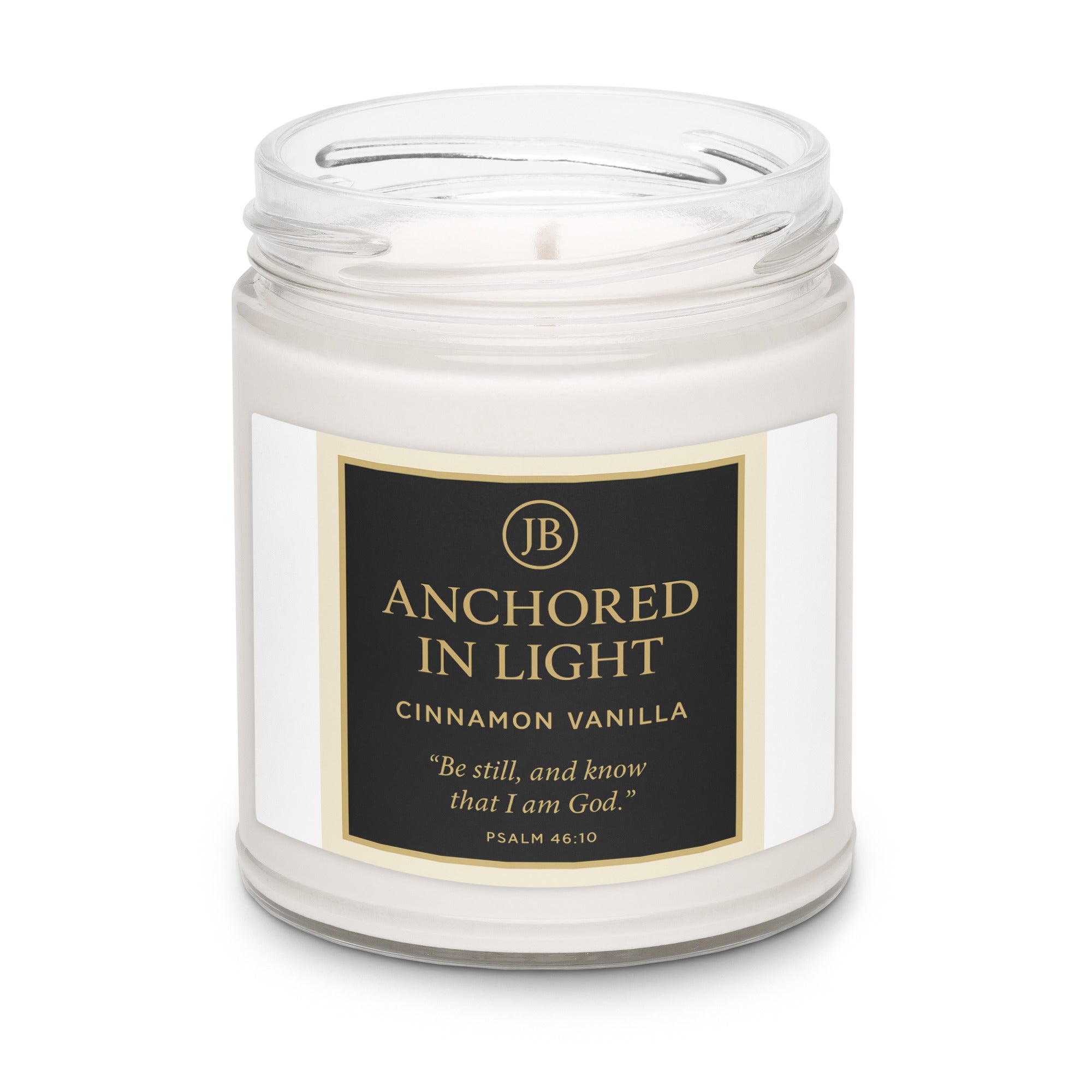 "Cinnamon Vanilla candle without lid, offering a sweet and spicy blend of cinnamon and vanilla, with Psalm 34:8 scripture."