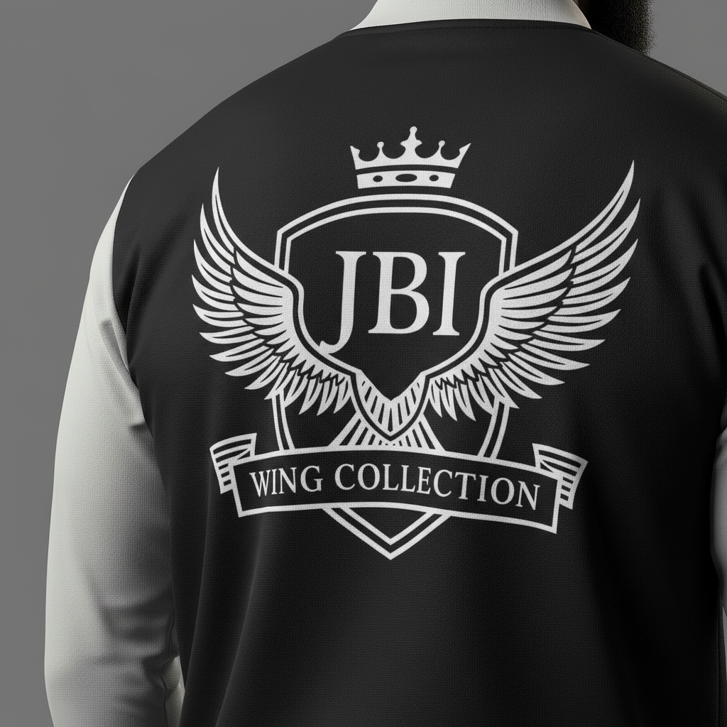 “Close-up of the JBI Wings Crest on the black-and-white bomber jacket, highlighting detailed artwork and premium print quality.”