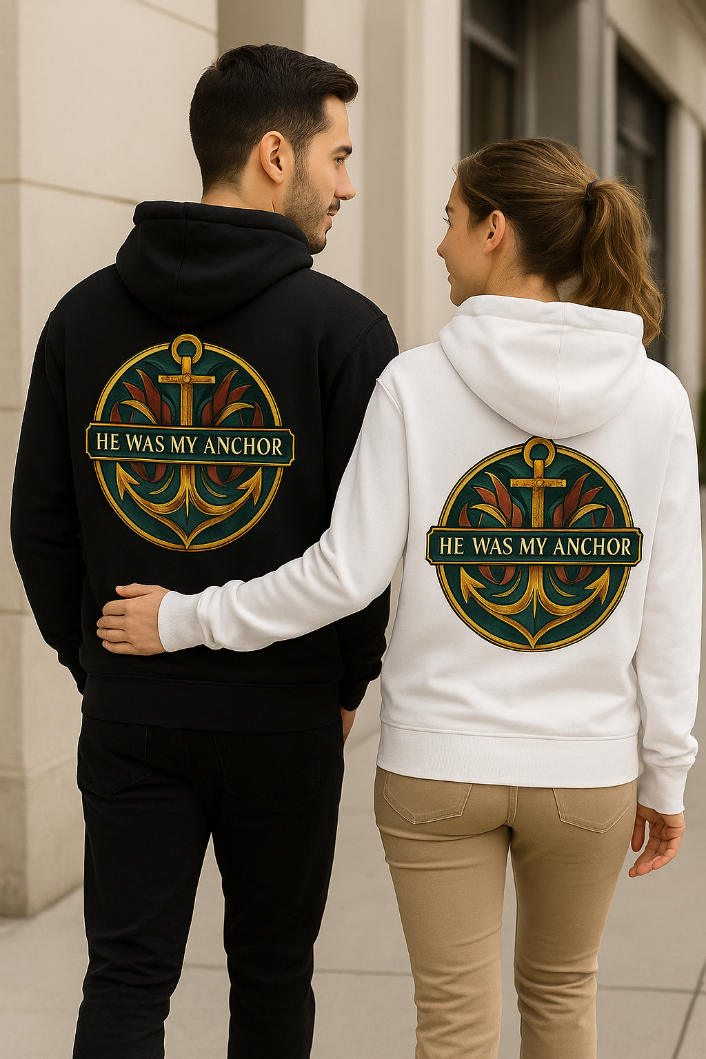 “Couple wearing, He Was My Anchor hoodies, man in black and woman in white, styled in luxury Christian streetwear.”